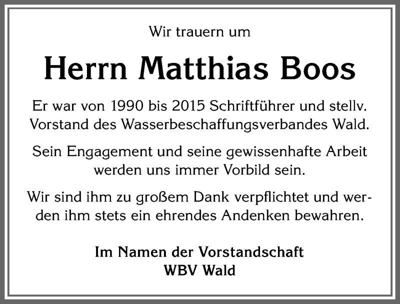 Traueranzeige von Matthias Boos von Allgäuer Zeitung, Marktoberdorf