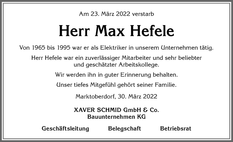 Traueranzeige von Max Hefele von Allgäuer Zeitung, Marktoberdorf