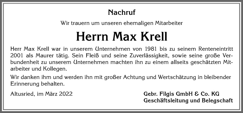 Traueranzeige von Max Krell von Memminger Zeitung