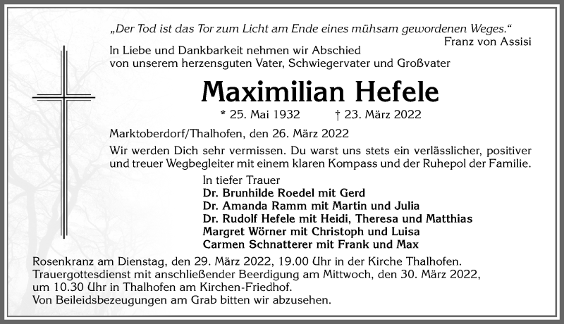 Traueranzeige von Maximilian Hefele von Allgäuer Zeitung, Marktoberdorf