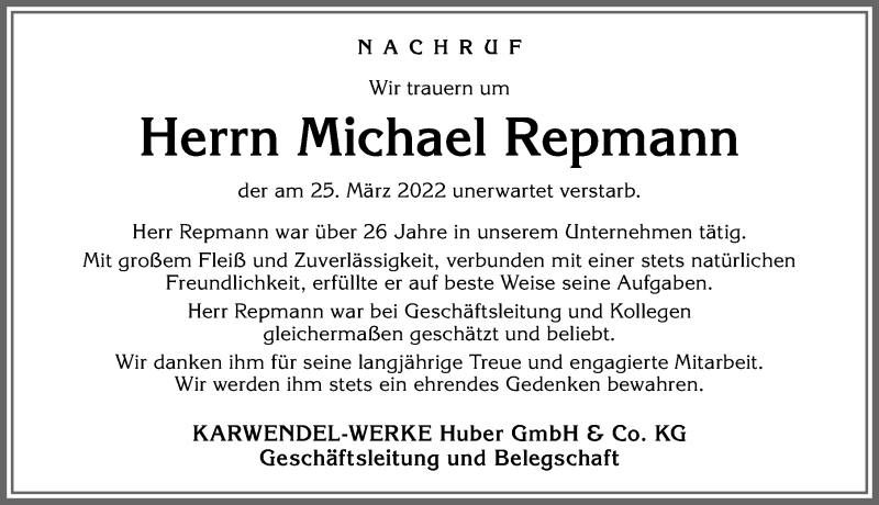 Traueranzeige von Michael Repmann von Allgäuer Zeitung, Kaufbeuren/Buchloe