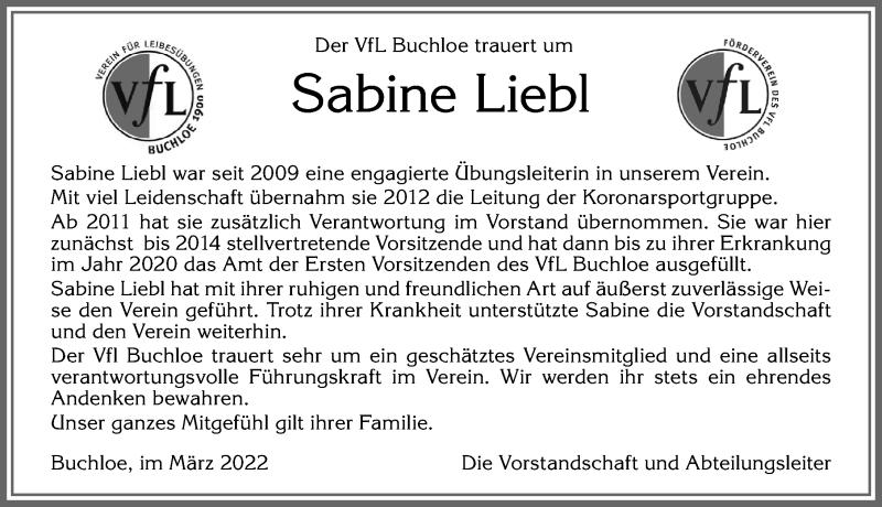 Traueranzeige von Sabine Liebl von Allgäuer Zeitung, Kaufbeuren/Buchloe