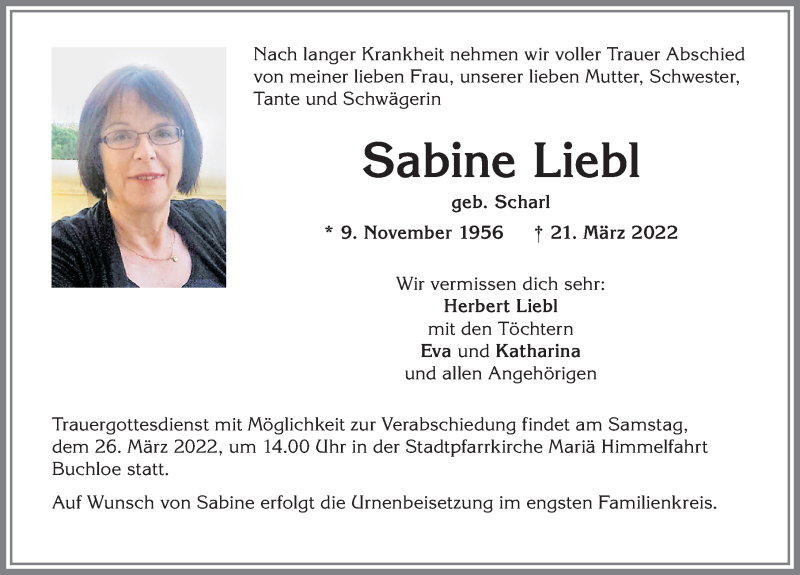 Traueranzeige von Sabine Liebl von Allgäuer Zeitung, Kaufbeuren/Buchloe