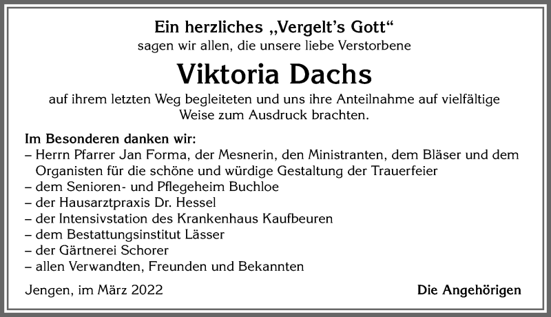 Traueranzeige von Viktoria Dachs von Allgäuer Zeitung, Kaufbeuren/Buchloe