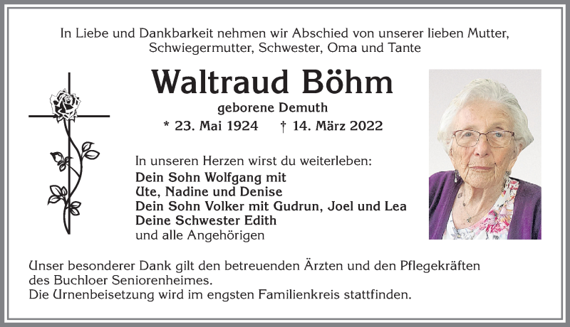 Traueranzeige von Waltraud Böhm von Allgäuer Zeitung, Kaufbeuren/Buchloe