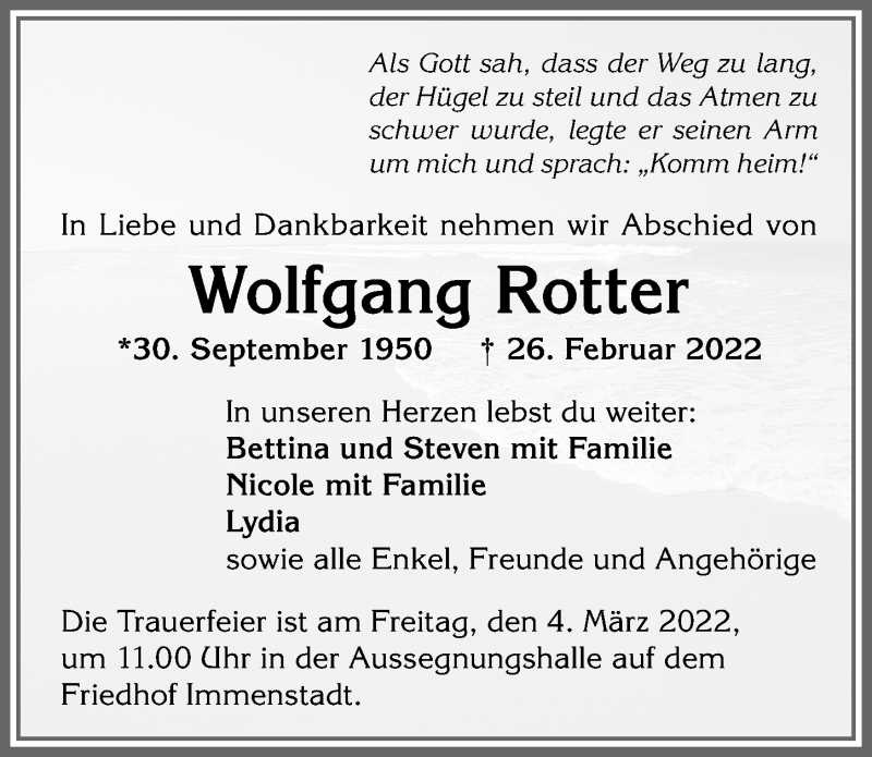 Traueranzeige von Wolfgang Rotter von Allgäuer Anzeigeblatt
