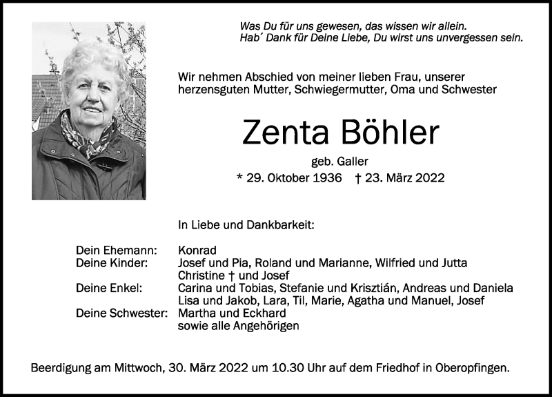 Traueranzeige von Zenta Böhler von Memminger Zeitung