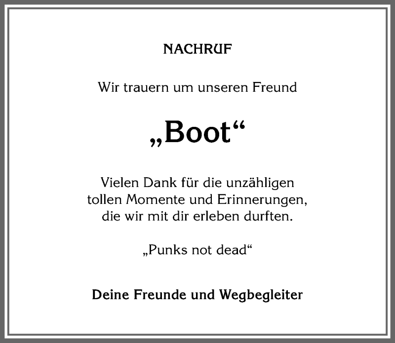 Traueranzeige von Boot  von Allgäuer Anzeigeblatt