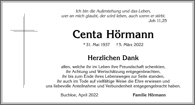 Traueranzeige von Centa Hörmann von Allgäuer Zeitung