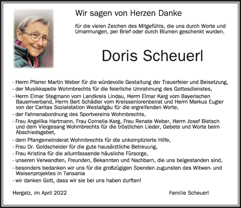 Traueranzeige von Doris Scheuerl von Der Westallgäuer