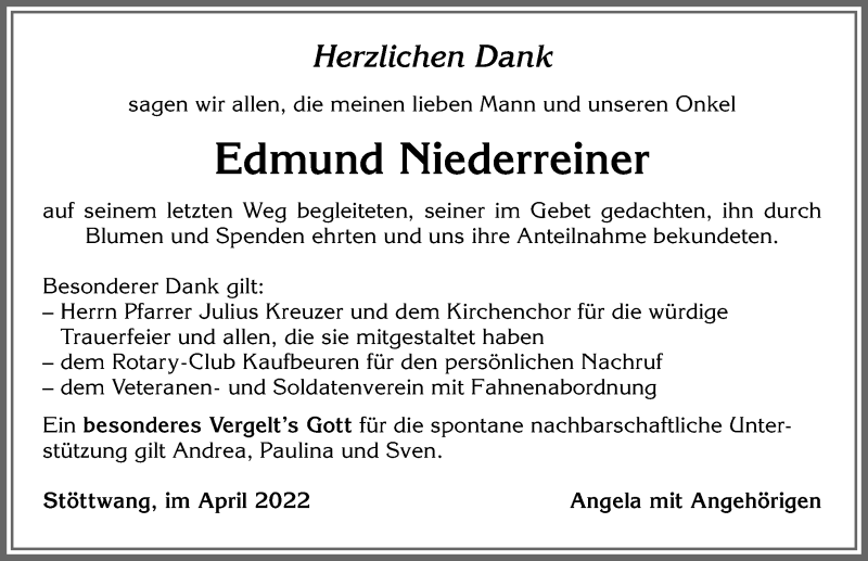 Traueranzeige von Edmund Niederreiner von Allgäuer Zeitung, Kaufbeuren/Buchloe