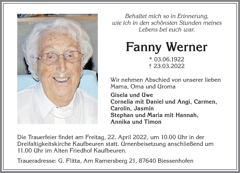 Traueranzeige von Fanny Werner von Allgäuer Zeitung, Kaufbeuren/Buchloe
