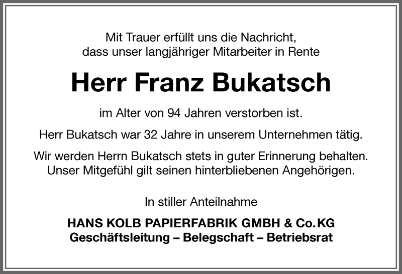 Traueranzeige von Franz Bukatsch von Allgäuer Zeitung, Kaufbeuren/Buchloe