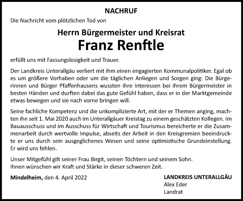 Traueranzeige von Franz Renftle von Memminger Zeitung