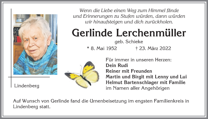 Traueranzeige von Gerlinde Lerchenmüller von Allgäuer Zeitung, Kaufbeuren/Buchloe