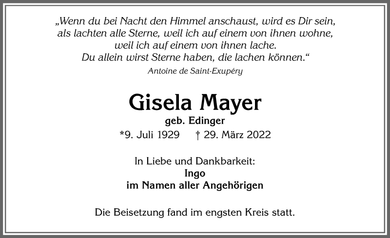 Traueranzeige von Gisela Mayer von Memminger Zeitung