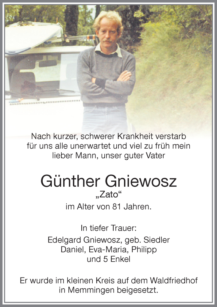 Traueranzeige von Günther Gniewosz von Memminger Zeitung