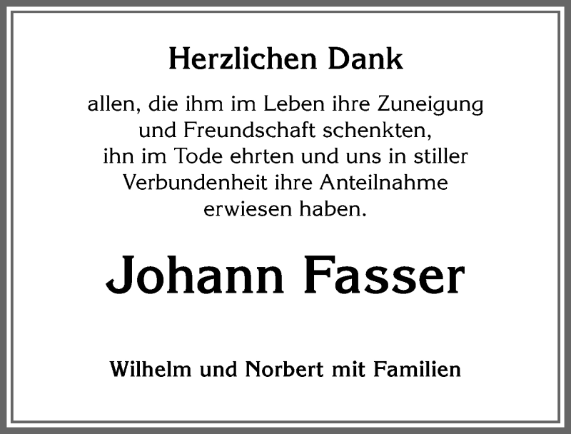 Traueranzeige von Johann Fasser von Allgäuer Zeitung, Marktoberdorf