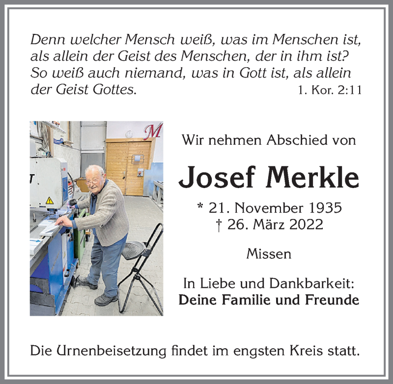 Traueranzeige von Josef Merkle von Allgäuer Zeitung,Kempten