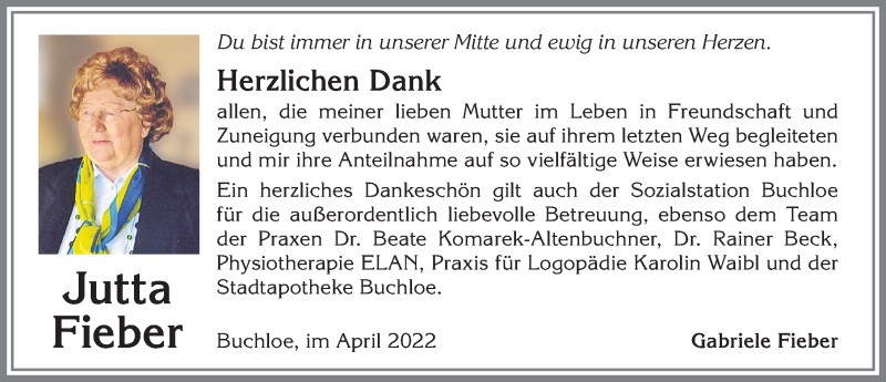 Traueranzeige von Jutta Fieber von Allgäuer Zeitung, Kaufbeuren/Buchloe