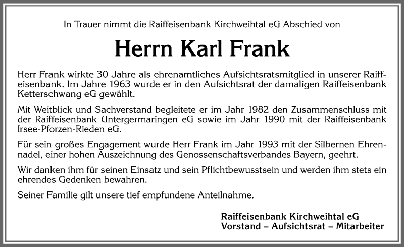 Traueranzeige von Karl Frank von Allgäuer Zeitung, Kaufbeuren/Buchloe