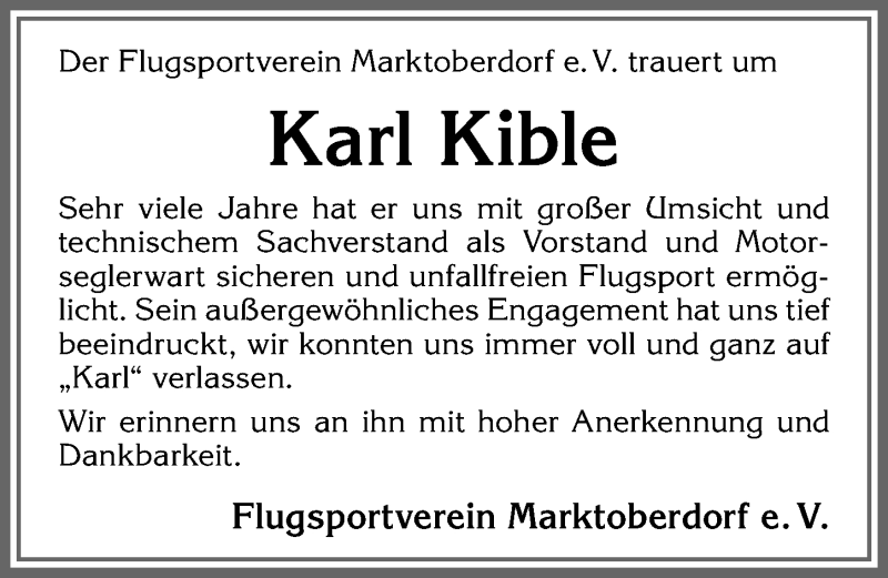 Traueranzeige von Karl Kible von Allgäuer Zeitung, Marktoberdorf