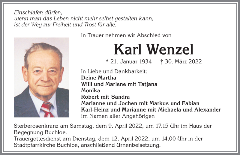 Traueranzeige von Karl Wenzel von Allgäuer Zeitung, Kaufbeuren/Buchloe