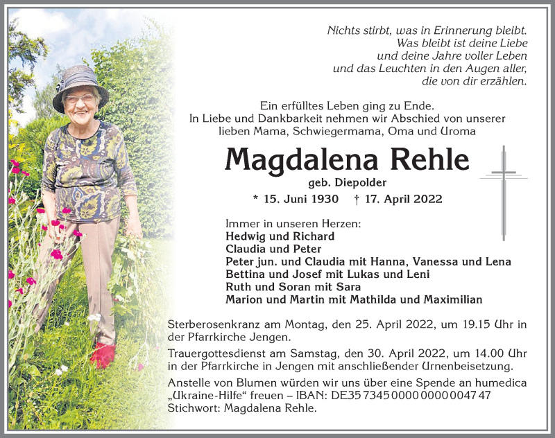 Traueranzeige von Magdalena Rehle von Allgäuer Zeitung, Kaufbeuren/Buchloe