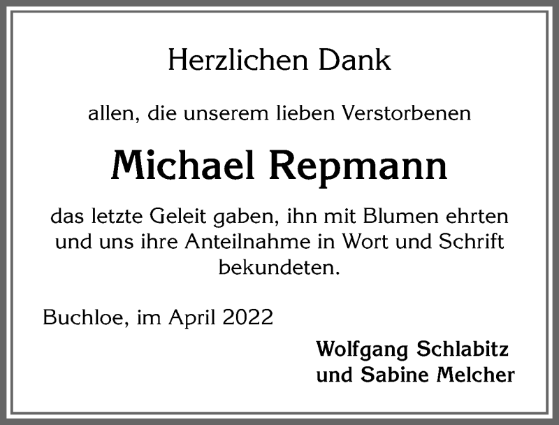 Traueranzeige von Michael Repmann von Allgäuer Zeitung, Kaufbeuren/Buchloe