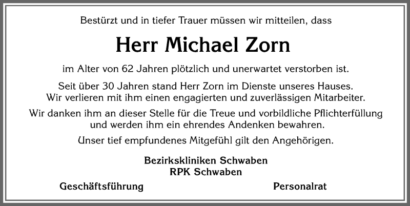 Traueranzeige von Michael Zorn von Allgäuer Zeitung,Kempten