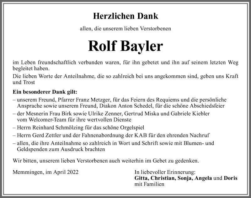 Traueranzeige von Rolf Bayler von Memminger Zeitung