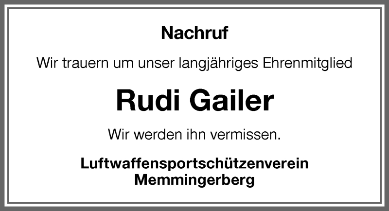 Traueranzeige von Rudi Galler von Memminger Zeitung