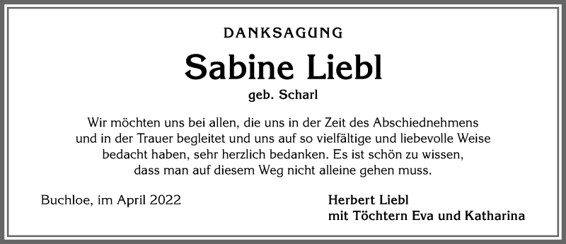 Traueranzeige von Sabine Liebl von Allgäuer Zeitung, Kaufbeuren/Buchloe