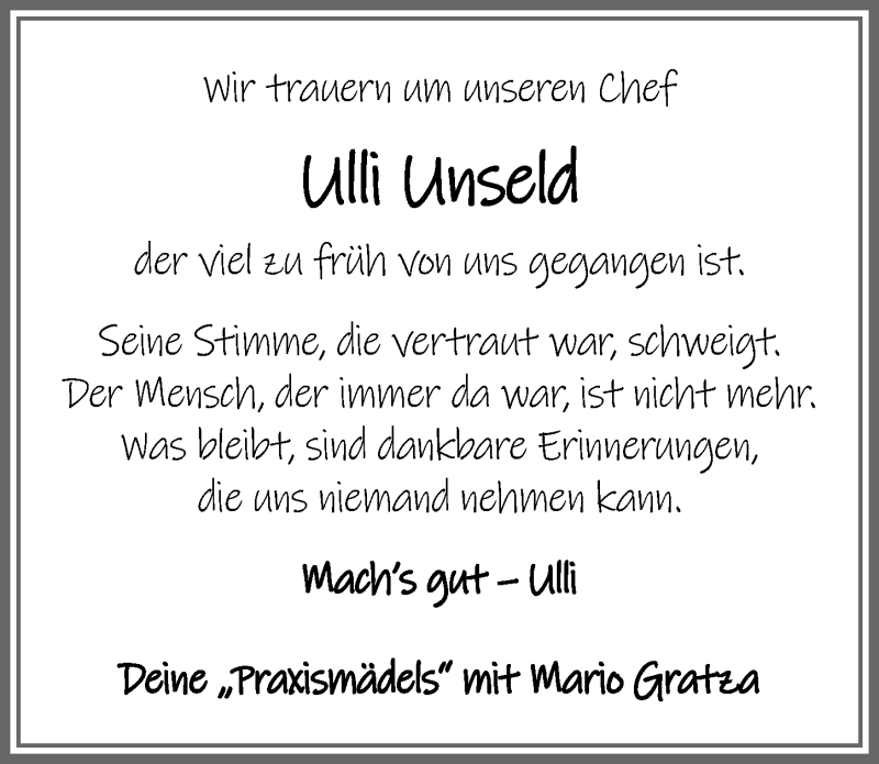 Traueranzeige von Ulli Unseld von Allgäuer Zeitung,Kempten