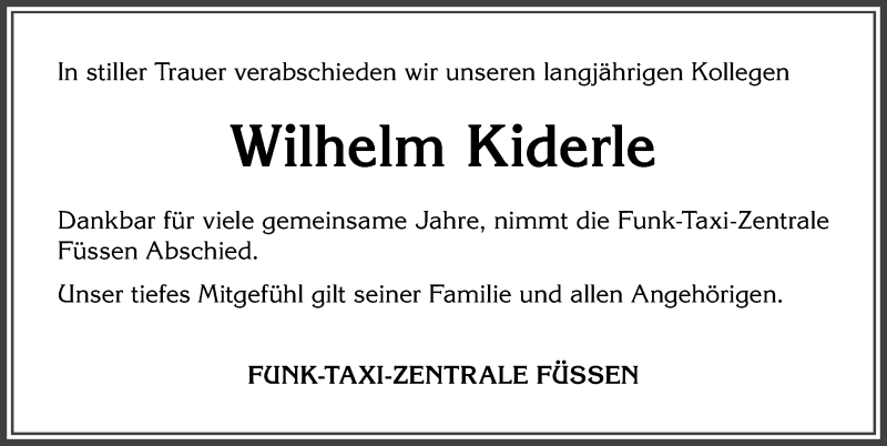 Traueranzeige von Wilhelm Kiderle von Allgäuer Zeitung, Füssen