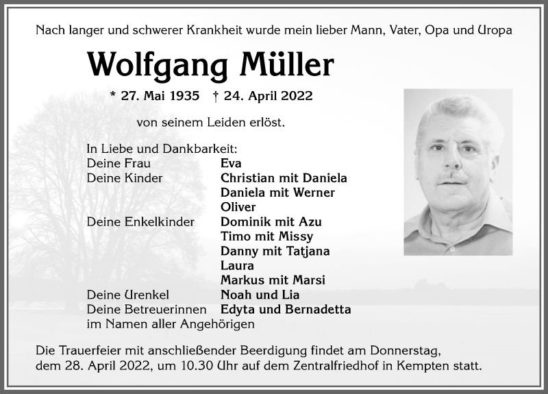 Traueranzeige von Wolfgang Müller von Allgäuer Zeitung,Kempten