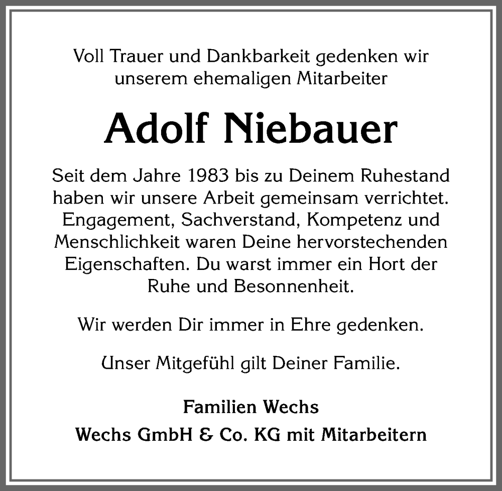 Traueranzeige von Adolf Niebauer von Allgäuer Anzeigeblatt