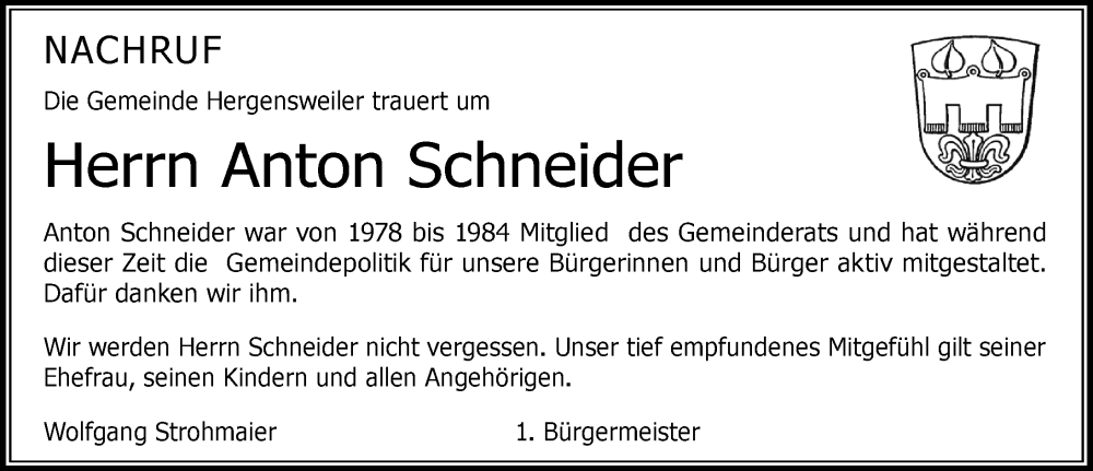 Traueranzeige von Anton Schneider von Der Westallgäuer