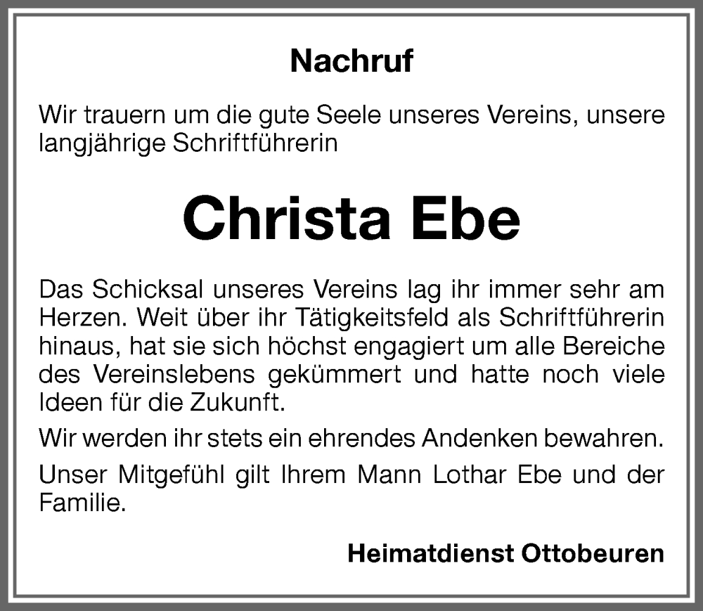 Traueranzeige von Christa Ebe von Memminger Zeitung