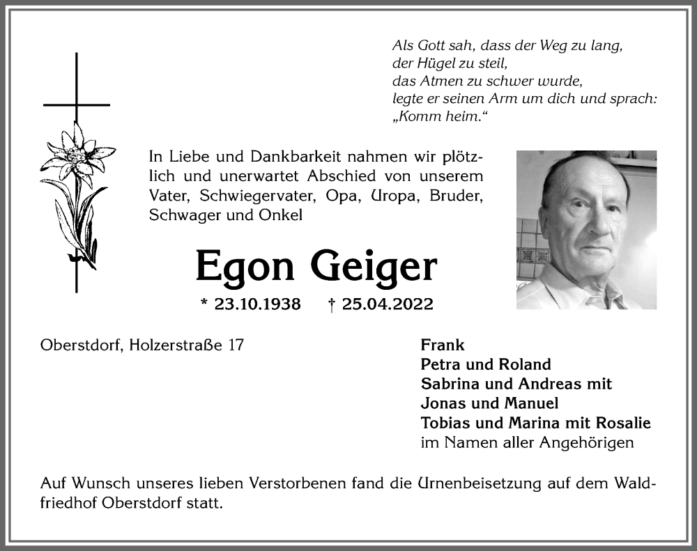 Traueranzeige von Egon Geiger von Allgäuer Anzeigeblatt