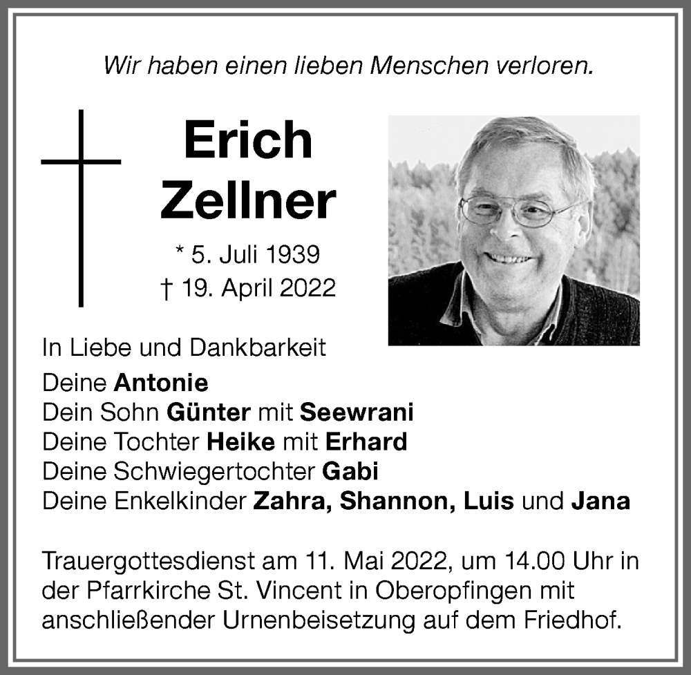 Traueranzeige von Erich Zellner von Memminger Zeitung