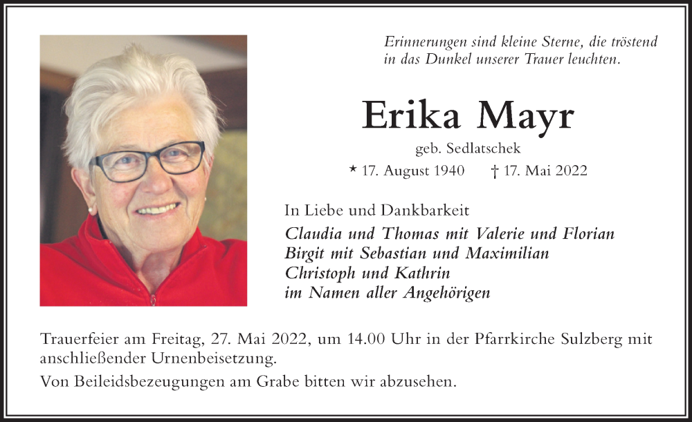 Traueranzeige von Erika Mayr von Allgäuer Zeitung,Kempten