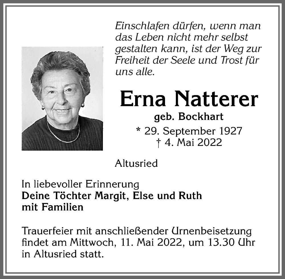 Traueranzeige von Erna Natterer von Allgäuer Zeitung,Kempten