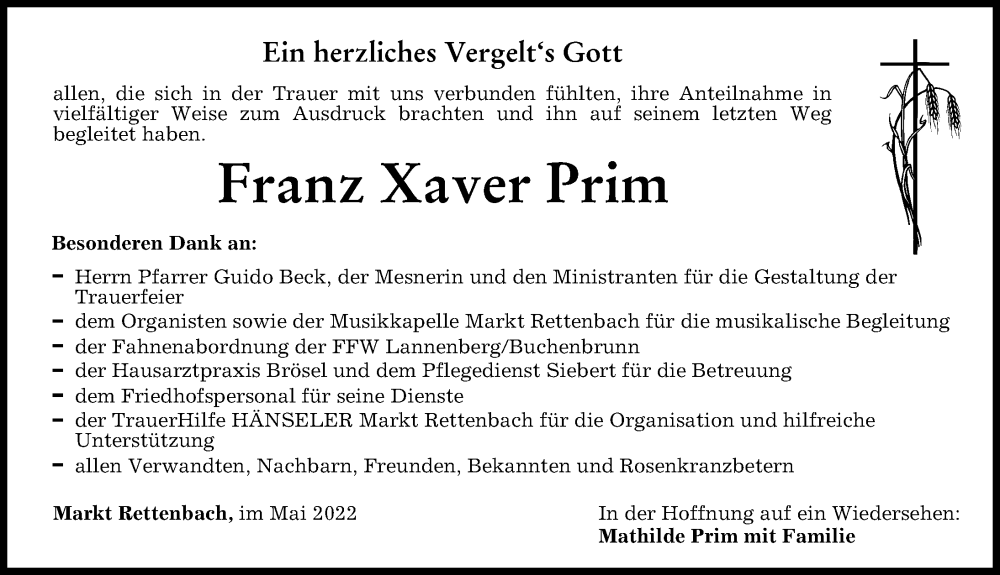 Traueranzeige von Franz Xaver Prim von Memminger Zeitung