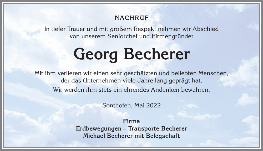 Traueranzeige von Georg Becherer von Allgäuer Anzeigeblatt