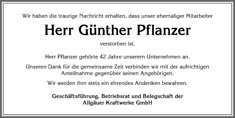 Traueranzeige von Günther Pflanzer von Allgäuer Anzeigeblatt