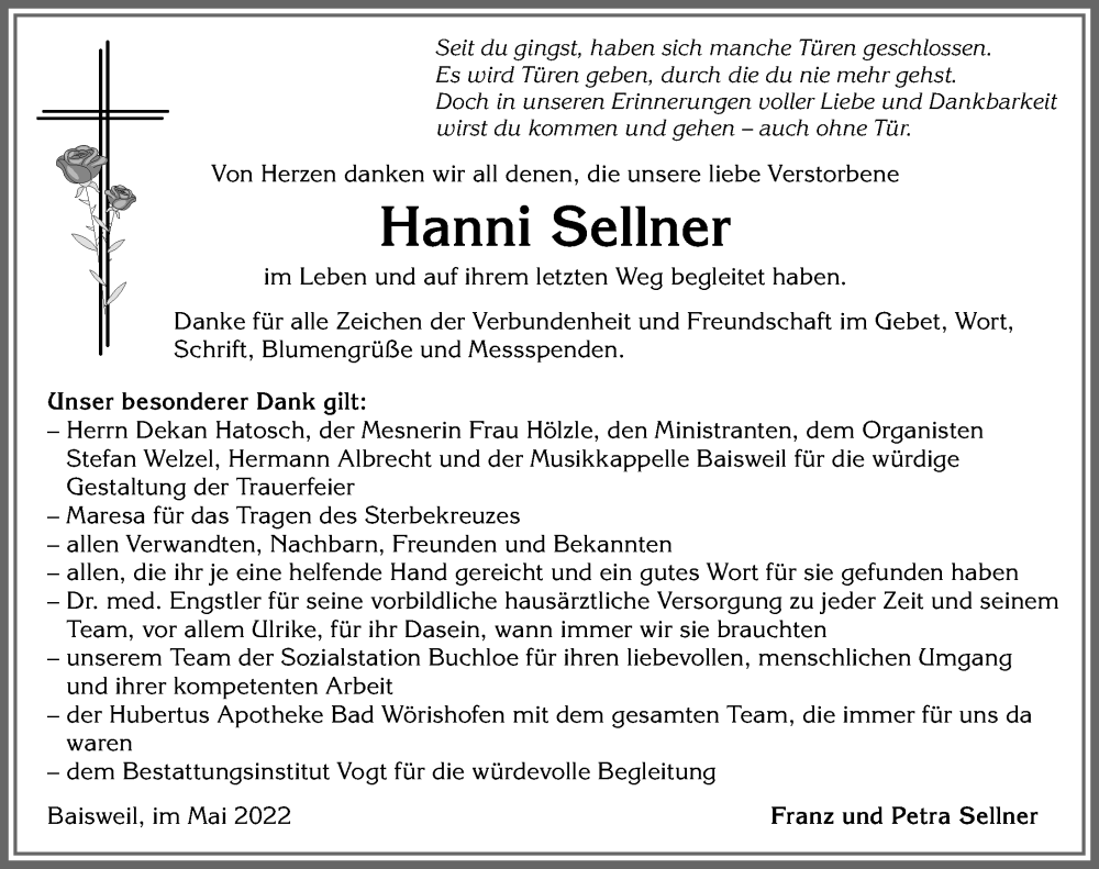 Traueranzeige von Hanni Sellner von Allgäuer Zeitung, Kaufbeuren/Buchloe