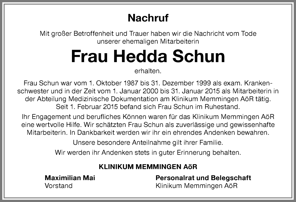 Traueranzeige von Hedda Schun von Memminger Zeitung