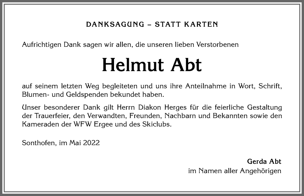 Traueranzeige von Helmut Abt von Allgäuer Anzeigeblatt