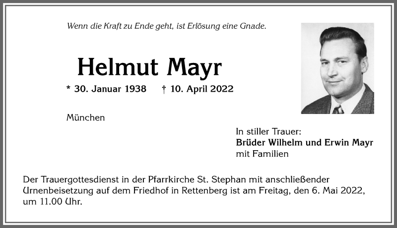 Traueranzeige von Helmut Mayr von Allgäuer Anzeigeblatt